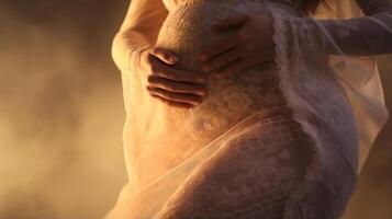 AI generated Close up view to woman hands gently cradling her pregnant belly amidst misty fog photo