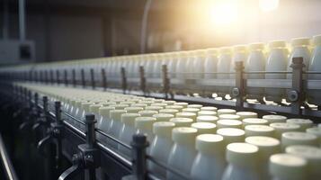 AI generated Rhythmic movement of milk bottle conveyor symbolizes streamlined process of dairy production photo