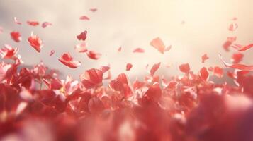 AI generated Red rose petals gently falling in soft sunlight, fragile feminine background photo