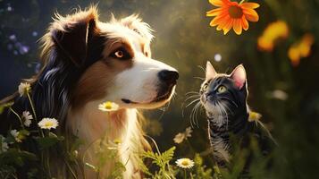 ai generado entrañable gato y linda perro en verde jardín entre grueso césped y flores, tomando el sol en calor foto