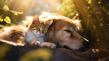 ai generado entrañable gato y linda perro mentira lado por lado en Dom empapado césped, tomando el sol en calor y armonía foto