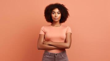 AI generated Confident black woman stands with crossed arms against soothing solid beige pink backdrop photo