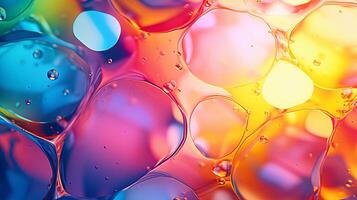 AI generated Mesmerizing colorful oil stains and vibrant bubbles as dynamic abstract background, close up view photo