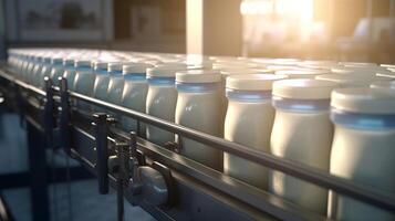 AI generated Rhythmic movement of milk bottle conveyor symbolizes streamlined process of dairy production photo