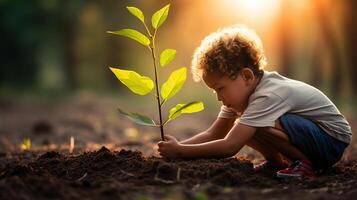 AI generated Little boy carefully plants tree sapling in ground of sunlight garden creating heartwarming scene photo