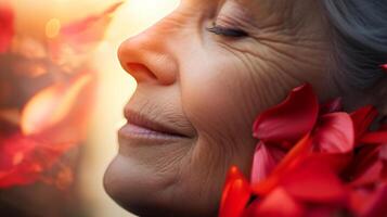 AI generated Rose petals delicately cascade onto middle aged woman face in close up portrait photo