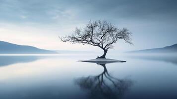 AI generated Lonely tree in midst of bleak lake creates melancholic atmosphere evoking sense of isolation photo