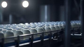 AI generated Rhythmic movement of milk bottle conveyor symbolizes streamlined process of dairy production photo