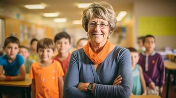 AI generated Portrait of middle aged female teacher smiles with arms crossed in classroom full of children photo