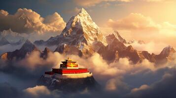 ai generado majestuoso budista templo anidado en brumoso montaña alrededores a amanecer exuda serenidad foto