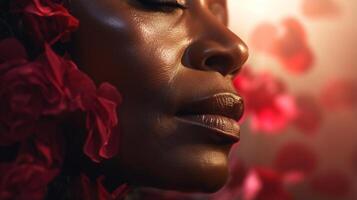 AI generated Red rose petals delicately cascade onto middle aged black woman face in close up portrait photo