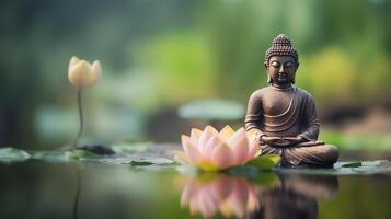 ai generado meditativo Buda estatua rodeado por floreciente lotos en calma aguas de estanque foto