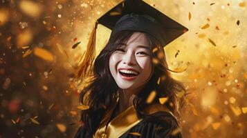 ai generado contento asiático joven niña vistiendo graduación gorra y vestido, sonriente niña vigas con felicidad foto