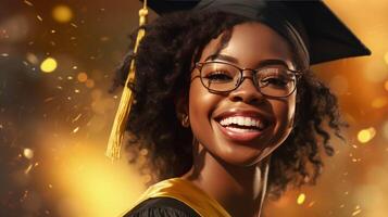 AI generated Happy black girl wearing graduation cap and gown, smiling young girl beams with happiness photo
