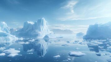 AI generated Melting ice with ice floe adrift in water, dissolving ice shards, environmental preservation photo