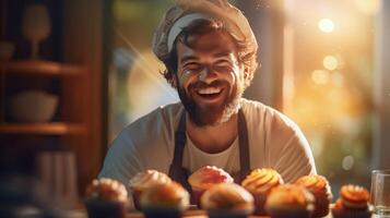 AI generated Cheerful male baker portrait proudly displaying his scrumptious cakes, sunlight background photo