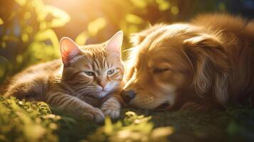 AI generated Endearing cat and cute dog lie side by side on sun drenched grass, basking in warmth and harmony photo