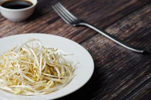 Mung bean sprouts in plate. Raw organic healthy food. Traditional vegetable dish in east Asia. photo