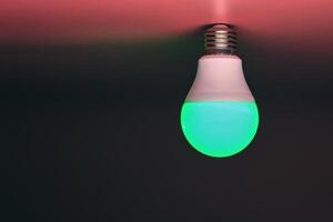 Green light bulb, modern energy saving, copy space. Minimal idea concept. photo