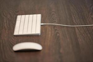 Keyboard and mouse on office table. Modern minimal workplace for study. Empty copy space. photo