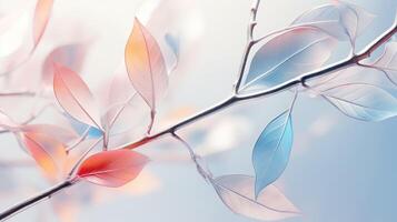 AI generated Multicolored translucent ice leaves on tree branch in delicate soft light evoking sense of awe photo