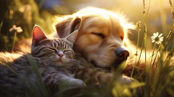 AI generated Endearing cat and cute dog lie side by side on sun drenched grass, basking in warmth and harmony photo