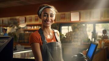 AI generated Portrait of cheerful smiling female cashier in grocery store symbolizes friendly customer service photo