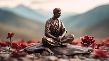 ai generado bronce estatuilla de meditando masculino yogui entre rojo flores en contra asombroso montaña paisaje foto