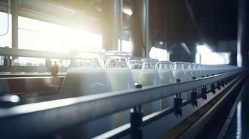 AI generated Rhythmic movement of milk bottle conveyor symbolizes streamlined process of dairy production photo