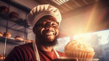 ai generado alegre negro masculino panadero retrato con orgullo mostrando su de chuparse los dedos pasteles, luz de sol antecedentes foto