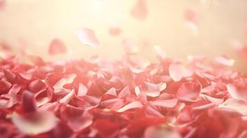 AI generated Red rose petals gently falling in soft sunlight, fragile feminine background photo