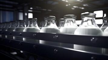 AI generated Rhythmic movement of milk bottle conveyor symbolizes streamlined process of dairy production photo