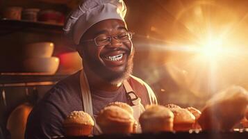 AI generated Cheerful black male baker portrait proudly displaying his scrumptious cakes, sunlight background photo