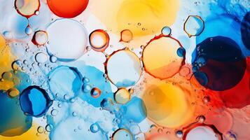 AI generated Mesmerizing colorful oil stains and vibrant bubbles as dynamic abstract background, top view photo