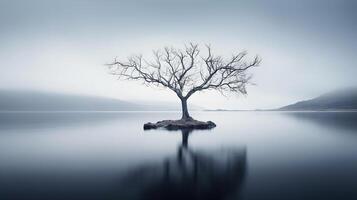 AI generated Lonely tree in midst of bleak lake creates melancholic atmosphere evoking sense of isolation photo