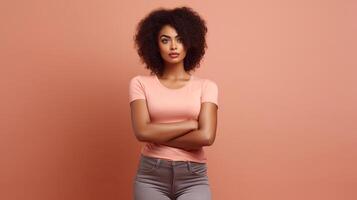 AI generated Confident black woman stands with crossed arms against soothing solid beige pink backdrop photo