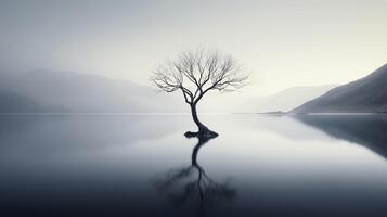 AI generated Lonely tree in midst of bleak lake creates melancholic atmosphere evoking sense of isolation photo