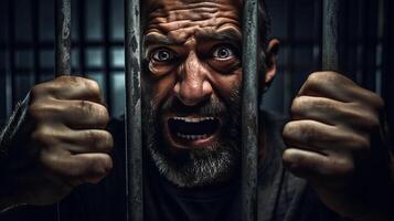 ai generado enojado masculino preso confinado detrás barras desesperadamente preguntando a liberado desde custodia foto