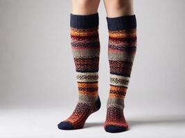 AI generated Women's legs in colorful socks on a gray background. Knitted socks photo