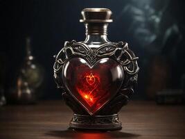 AI generated Love potion in the shape of a heart on a dark background. photo