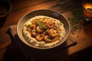 AI generated a bowl of grits with shrimp and bacon photo