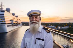 ai generado retrato contento alegre sonriente mayor masculino hombre capitán lujoso crucero personal Embarcacion transatlántico casa en pie muelle elegante uniforme. navegación turismo Oceano viaje personas barco yate marina marinero foto