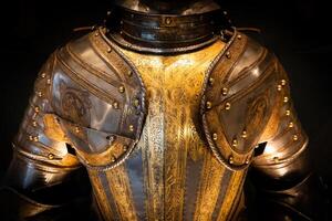 Antique armour on black background. Concept for security, safety and fantasy. photo