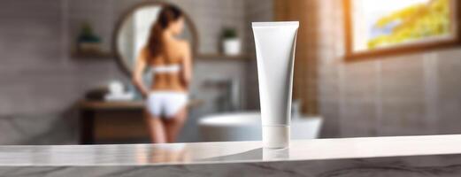 AI Generated White cosmetic tube on table in bathroom background with blurred woman silhouette in lingerie. Natural minimal beauty skin care concept. photo