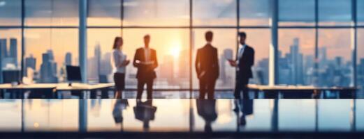 AI Generated Group of business people silhouette communicate in office center on blurred background. Meeting of partners in rented premises. photo