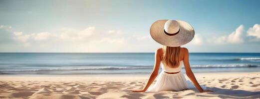 AI Generated Young woman sits on sandy beach in sun hat and looks on endless ocean waves in distance. Rear view of slender beautiful girl resting by the sea. Panorama with copy space. photo