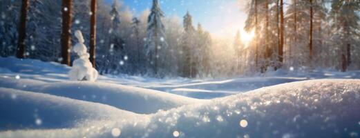 ai generado invierno Nevado conífero bosque hada paisaje a soleado día antecedentes. contento nuevo año o Navidad saludo tarjeta. bandera. foto