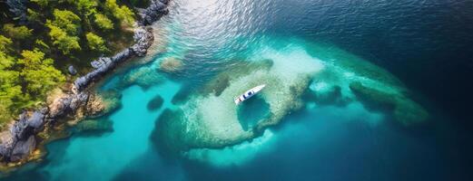 ai generado yate en abierto mar cerca el costa, parte superior ver desde arriba. anclaje de un grande catamarán en transparente Oceano agua. hermosa rocoso playa con navegación bote. foto