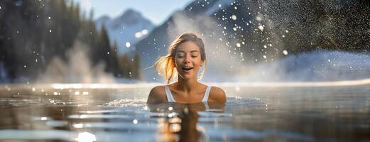 ai generado joven mujer endurecimiento el cuerpo, frío agua terapia. niña en bikini se sumerge dentro glacial agua en congelado lago hielo agujero. aumentar el inmune sistema y mejorar mental salud. foto