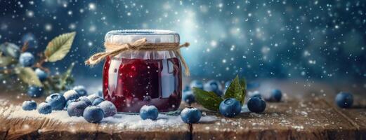 AI Generated Jar of blueberries jam on a snowy winter background with New Year decorations. Fresh blue berries were dusted with snow. Homemade preparations for the winter. photo